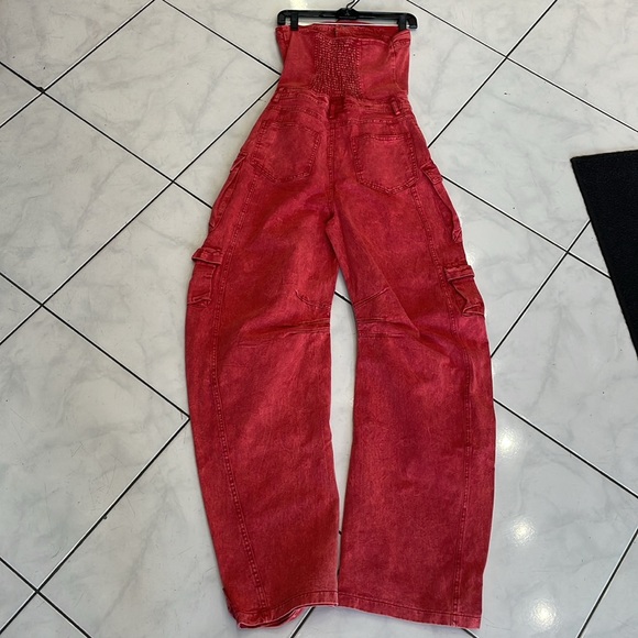 Red Denim Cargo Jumpsuit - Picture 8 of 8